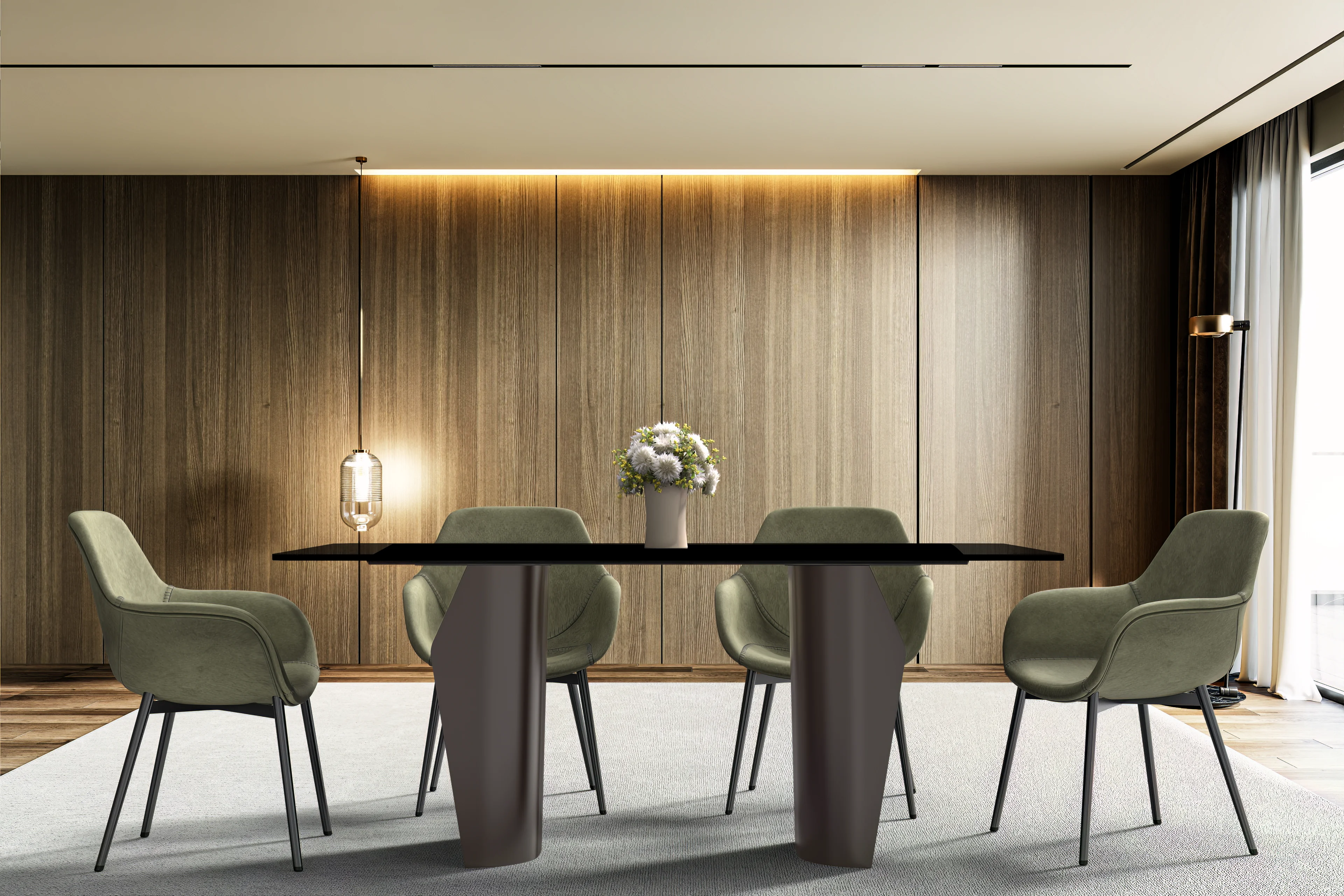 Zelan Series Modern Dining Table Champagne Gold Stainless steel Base, With 55" Black Glass Top