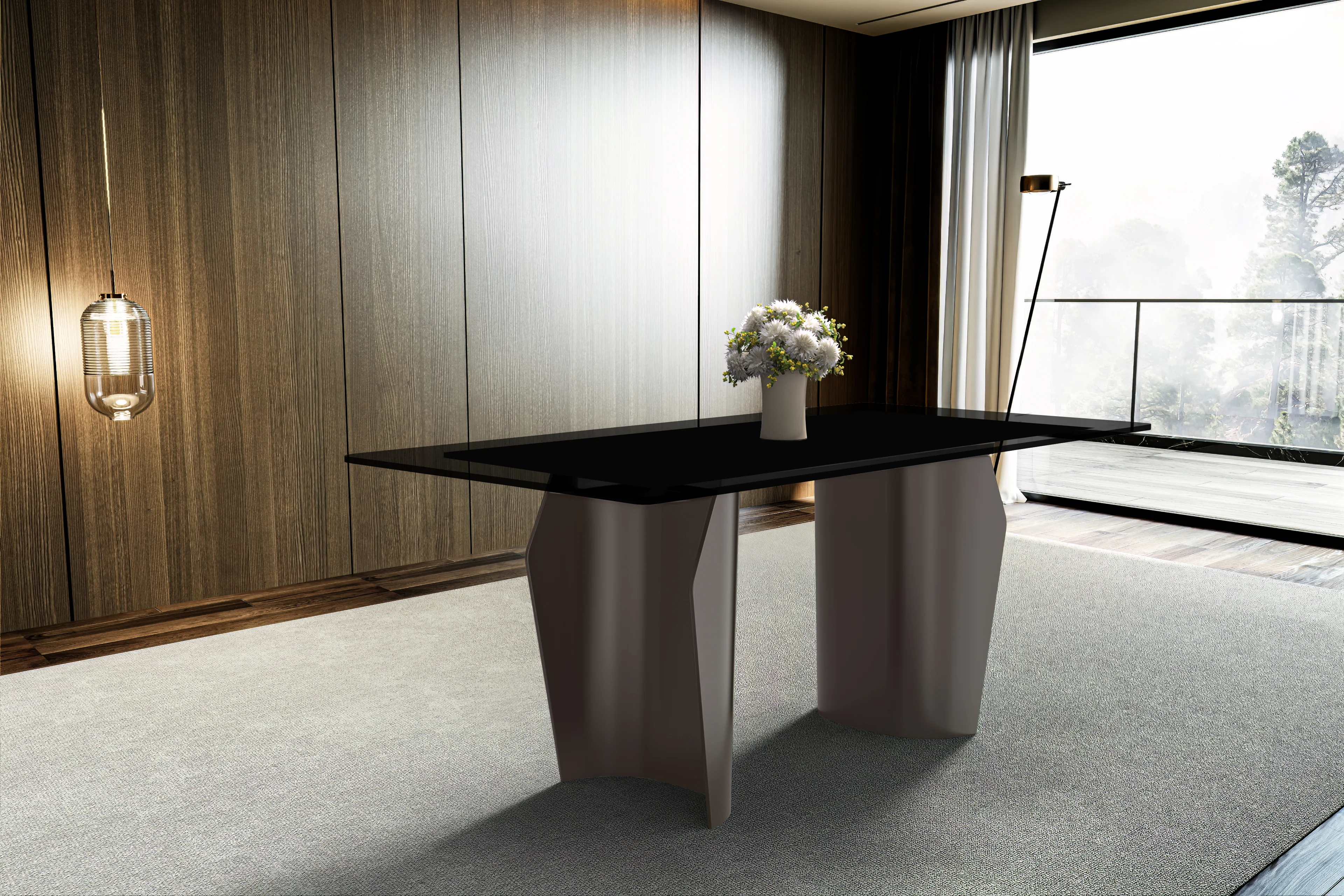 Zelan Series Modern Dining Table Champagne Gold Stainless steel Base, With 55" Black Glass Top