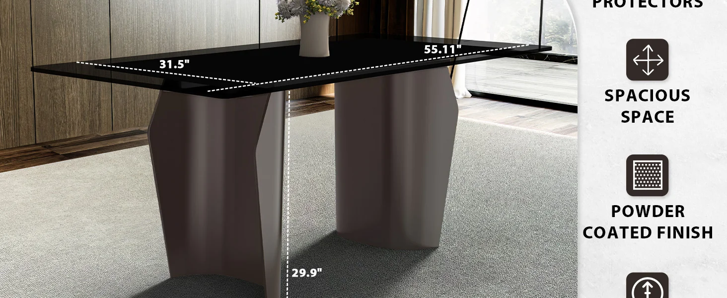 Zelan Series Modern Dining Table Champagne Gold Stainless steel Base, With 55" Black Glass Top