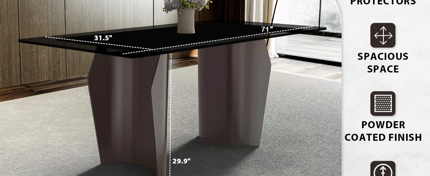 Zelan Series Modern Dining Table Champagne Gold Stainless steel Base, With 55" Black Glass Top