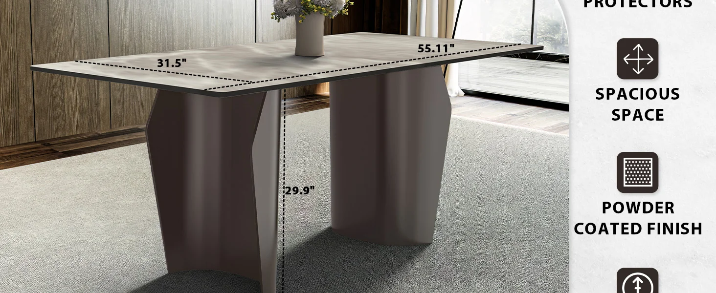 Zelan Series Modern Dining Table Champagne Gold Stainless steel Base, With 55" Deep Grey Sintered Stone Top