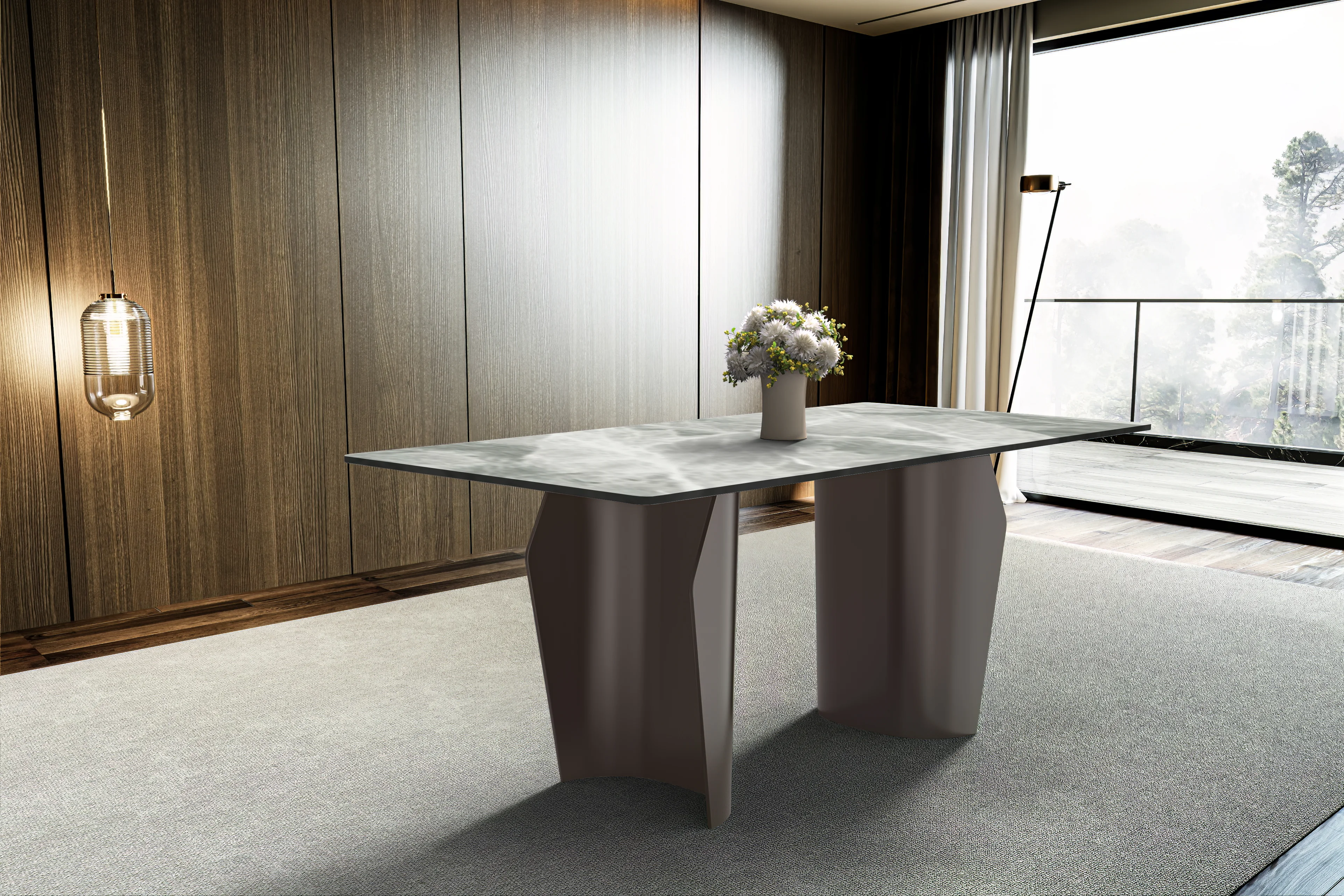 Zelan Series Modern Dining Table Champagne Gold Stainless steel Base, With 55" Light Grey Sintered Stone Top