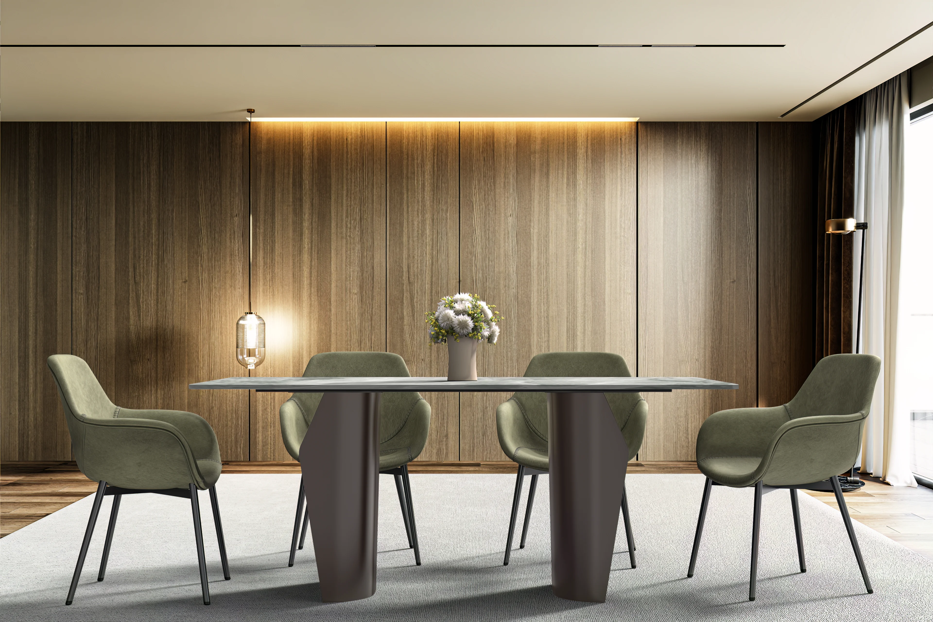 Zelan Series Modern Dining Table Champagne Gold Stainless steel Base, With 55" Light Grey Sintered Stone Top