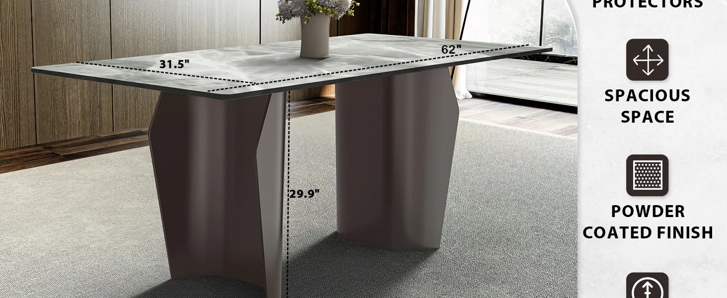 Zelan Series Modern Dining Table Champagne Gold Stainless steel Base, With 55" Light Grey Sintered Stone Top