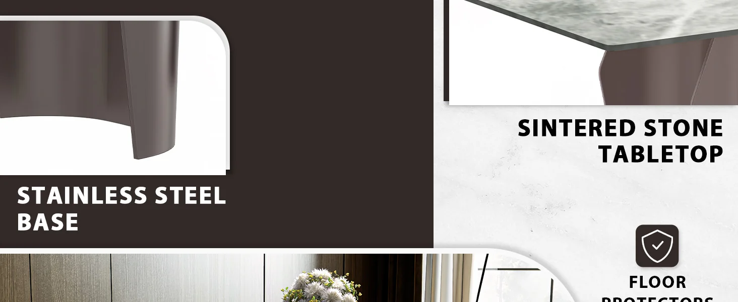 Zelan Series Modern Dining Table Champagne Gold Stainless steel Base, With 55" Light Grey Sintered Stone Top