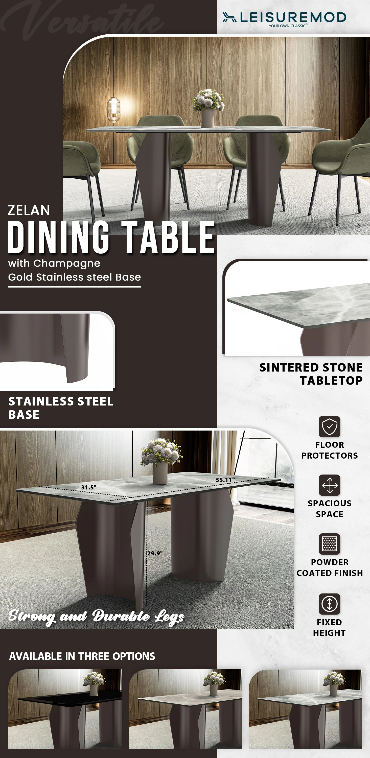 Zelan Series Modern Dining Table Champagne Gold Stainless steel Base, With 55" Light Grey Sintered Stone Top