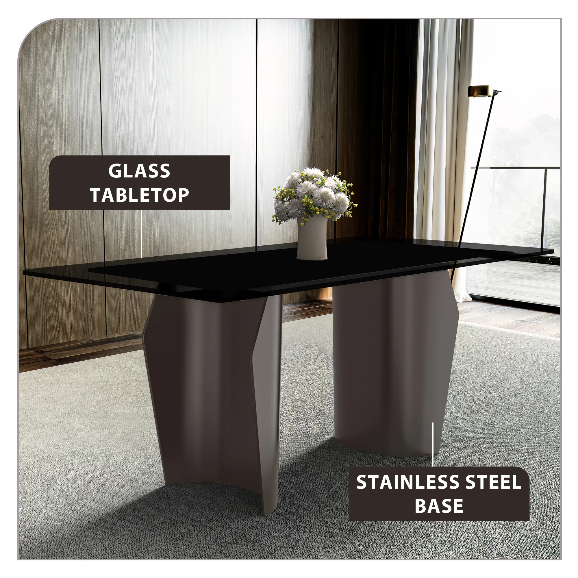 Zelan Series Modern Dining Table Champagne Gold Stainless steel Base, With 62" Black Glass Top