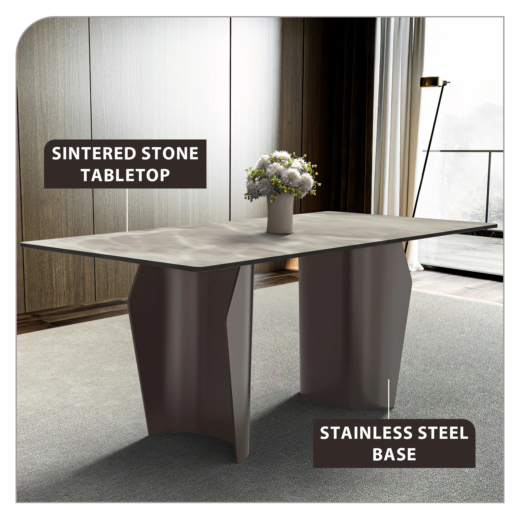 Zelan Series Modern Dining Table Champagne Gold Stainless steel Base, With 62" Deep Grey Sintered Stone Top