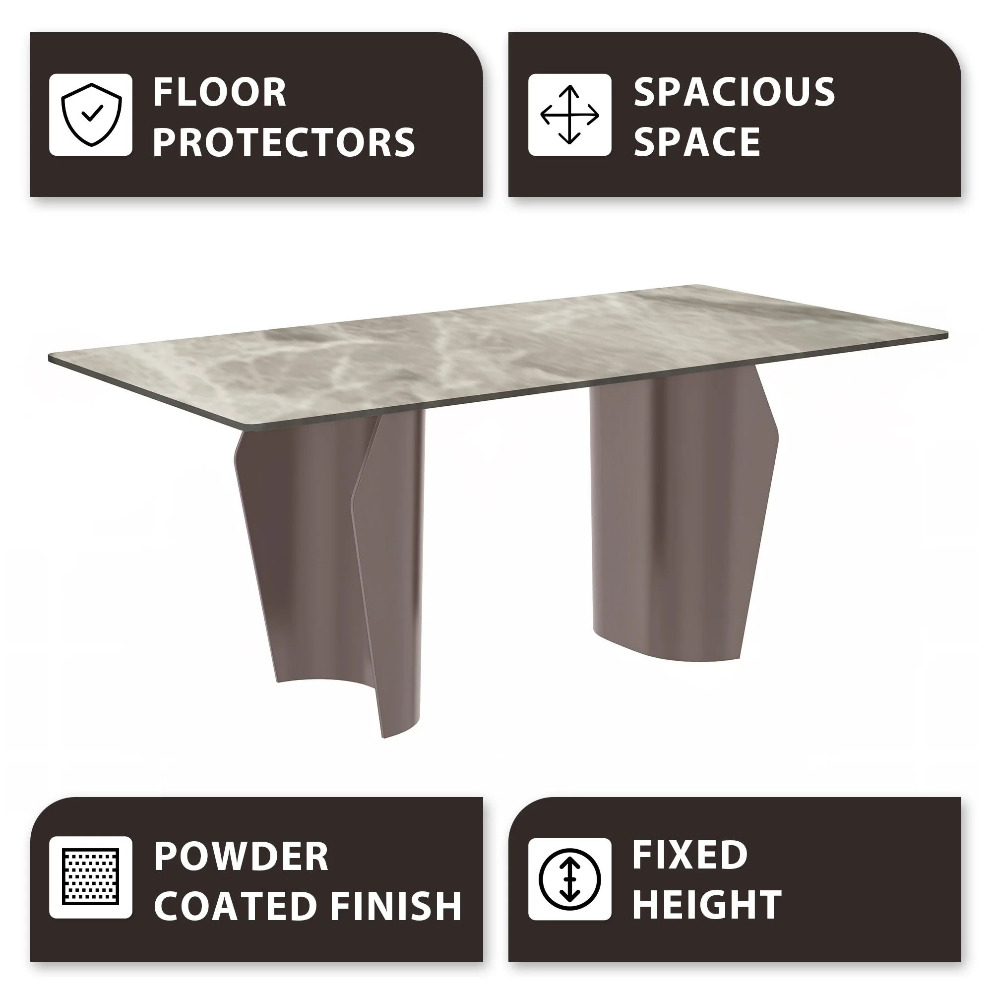 Zelan Series Modern Dining Table Champagne Gold Stainless steel Base, With 62" Deep Grey Sintered Stone Top