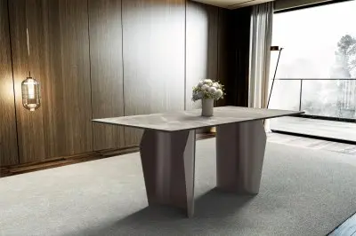 Zelan Series Modern Dining Table Champagne Gold Stainless steel Base, With 62" Deep Grey Sintered Stone Top