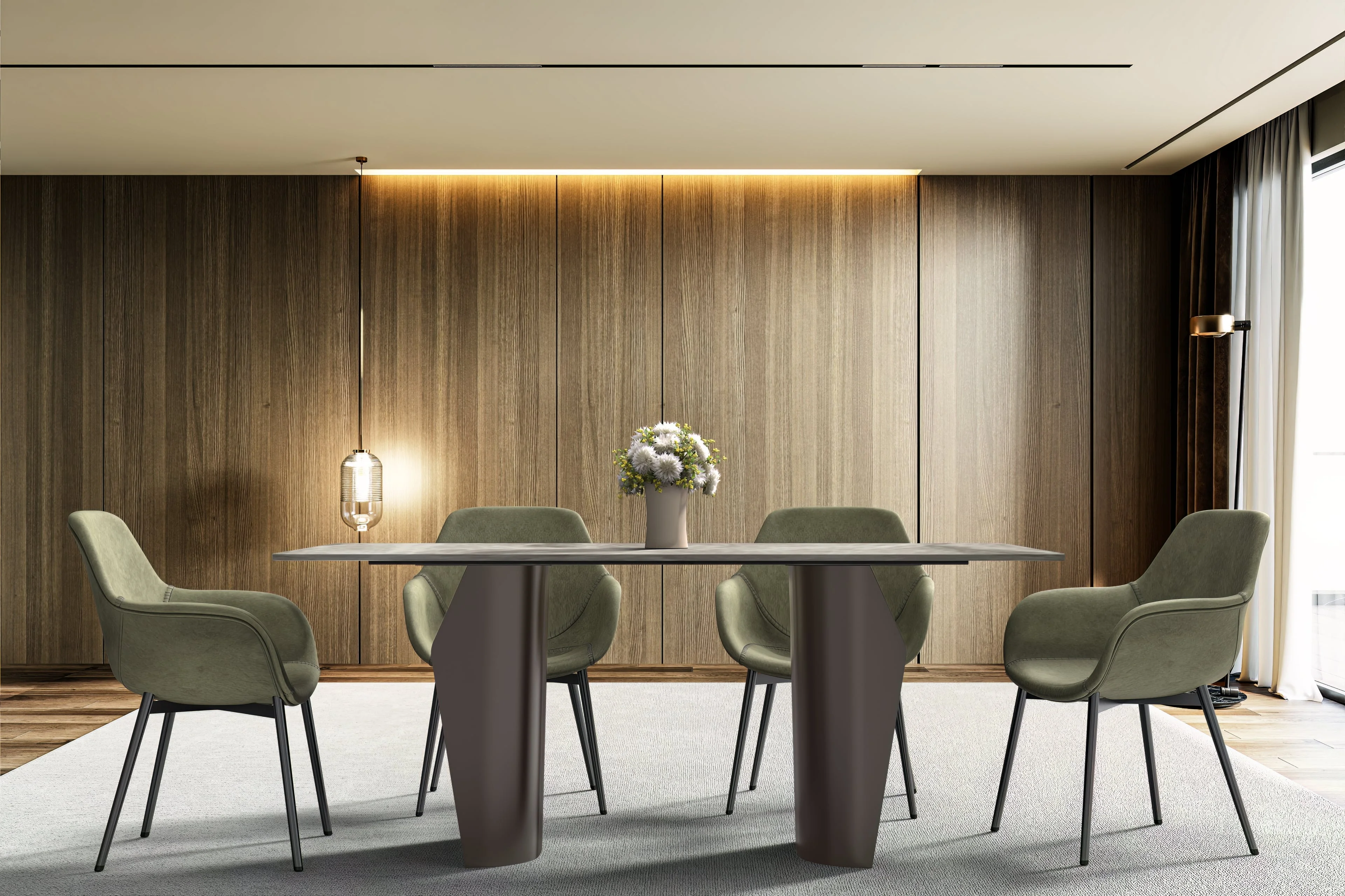 Zelan Series Modern Dining Table Champagne Gold Stainless steel Base, With 71" Deep Grey Sintered Stone Top