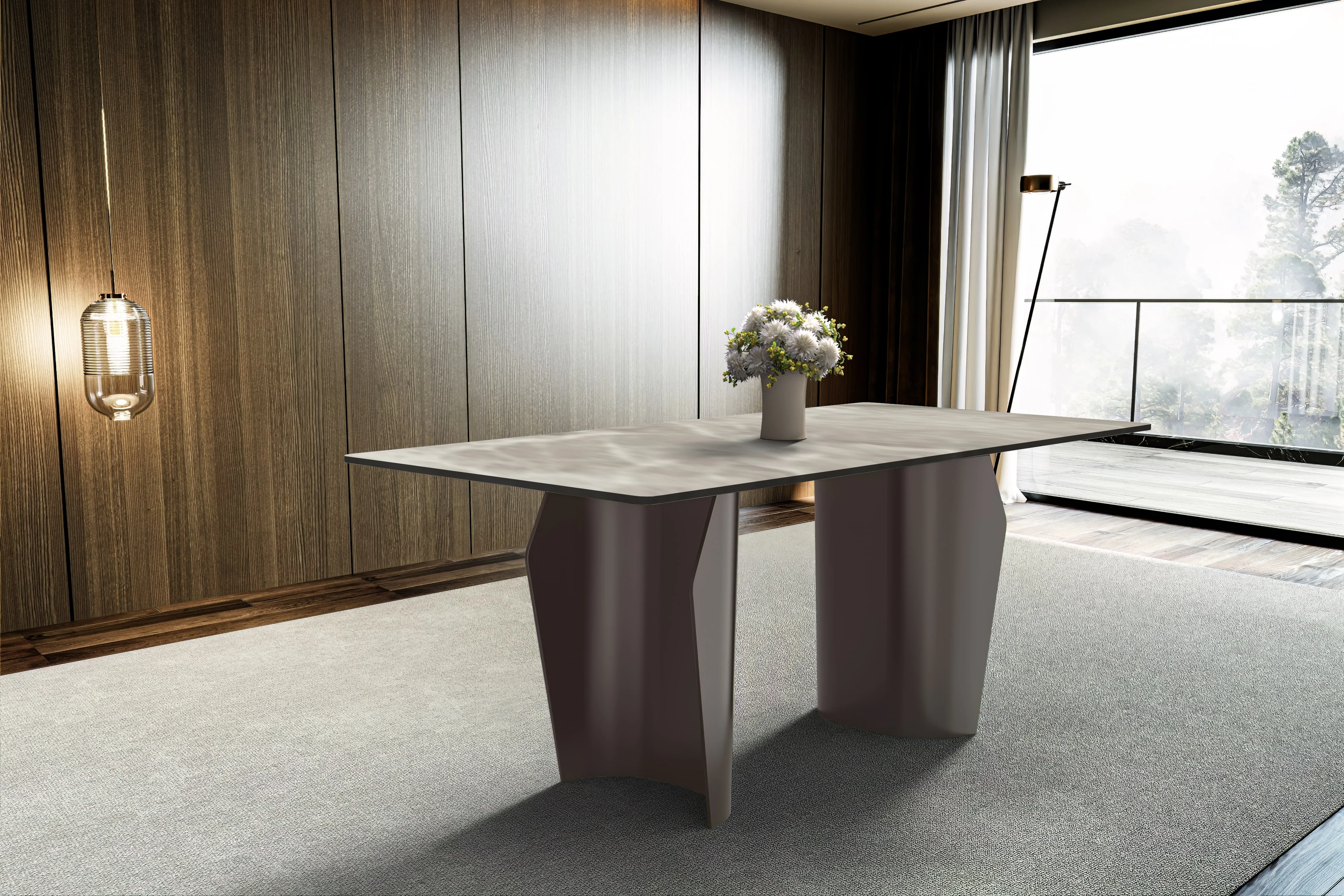 Zelan Series Modern Dining Table Champagne Gold Stainless steel Base, With 71" Deep Grey Sintered Stone Top