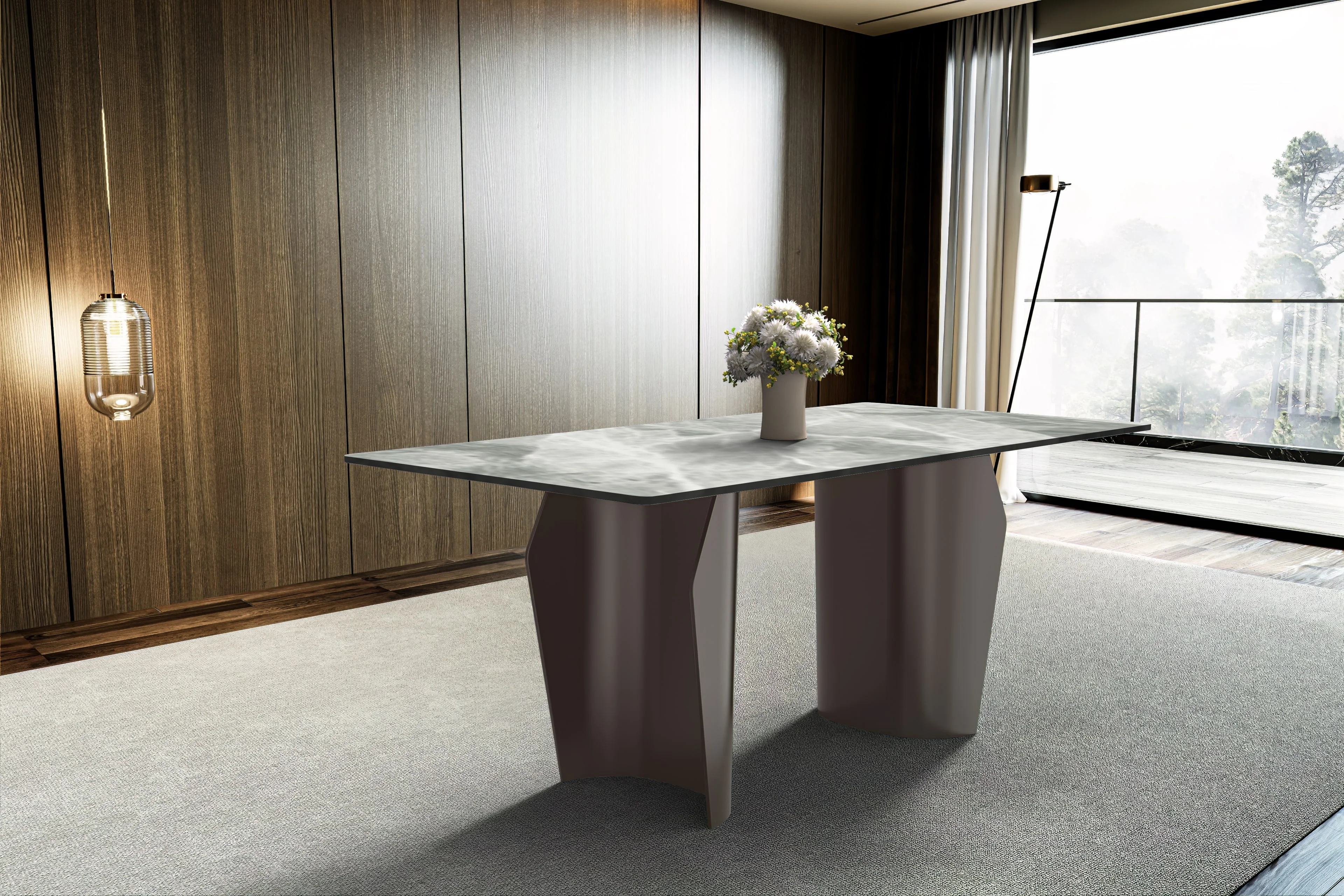 Zelan Series Modern Dining Table Champagne Gold Stainless steel Base, With 71" Light Grey Sintered Stone Top
