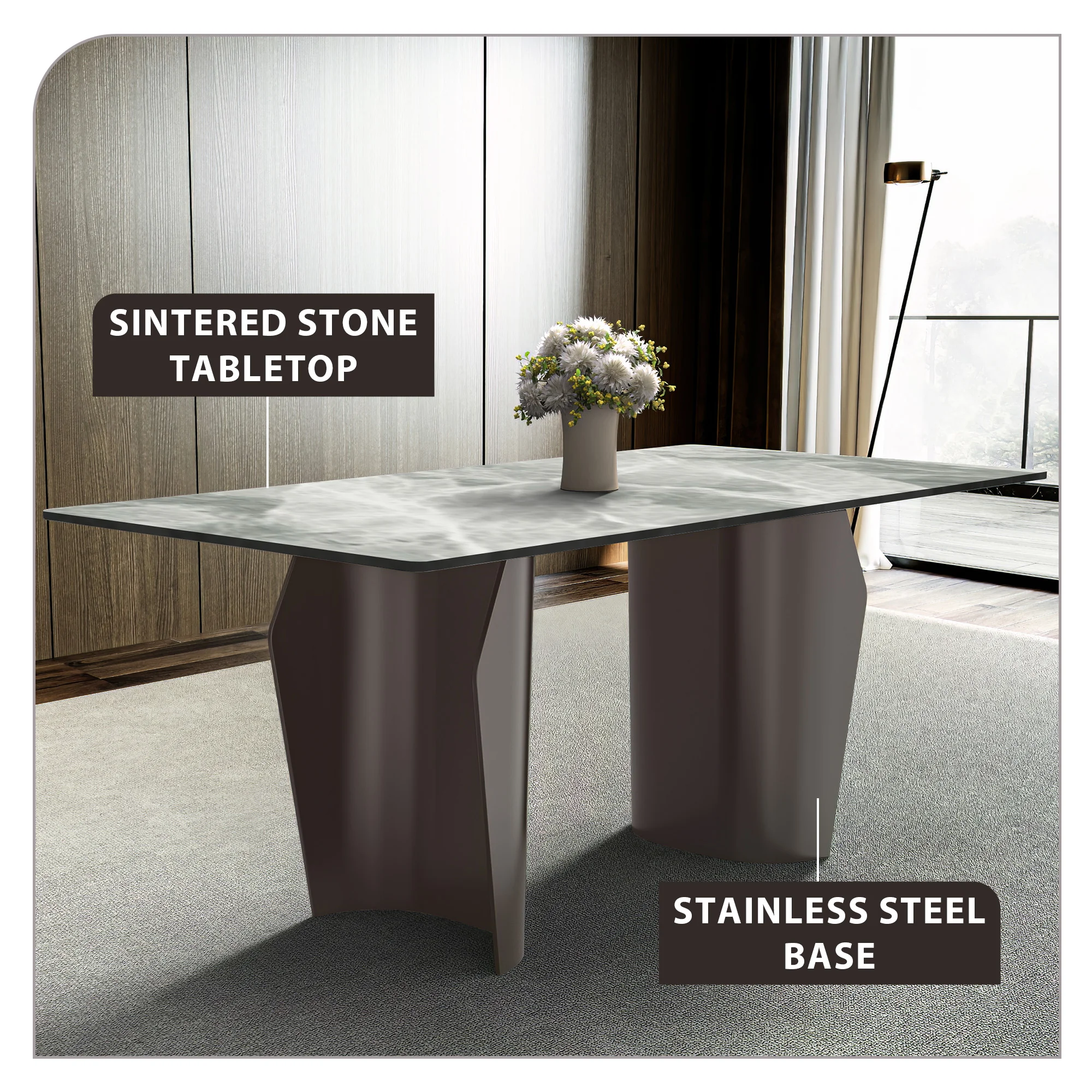Zelan Series Modern Dining Table Champagne Gold Stainless steel Base, With 71" Light Grey Sintered Stone Top