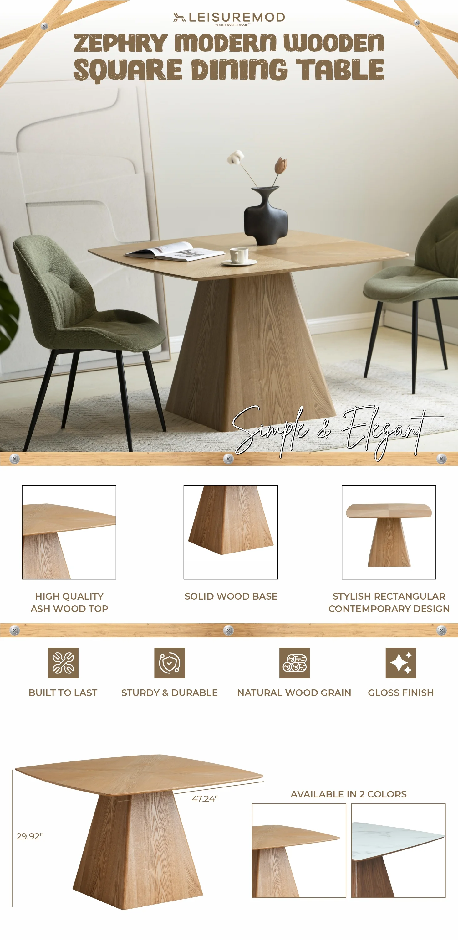 Zephry Collection Modern Dining Wooden Square Dining Table in Natural Wood