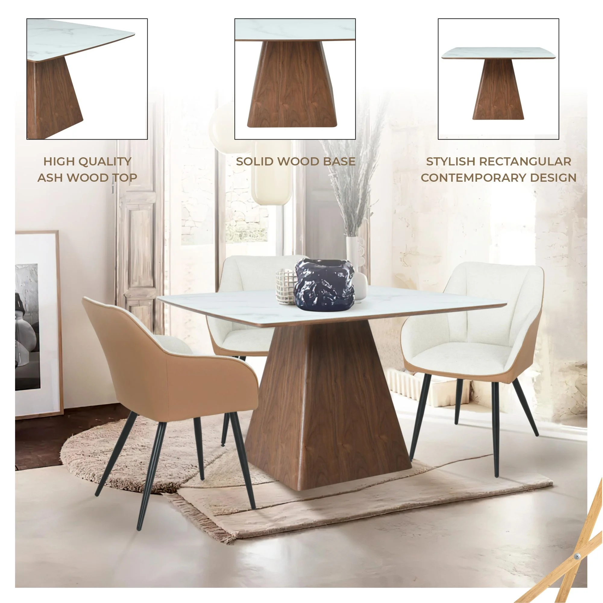 Zephry Collection Modern Dining Wooden Square Dining Table Walnut With Marbled Top