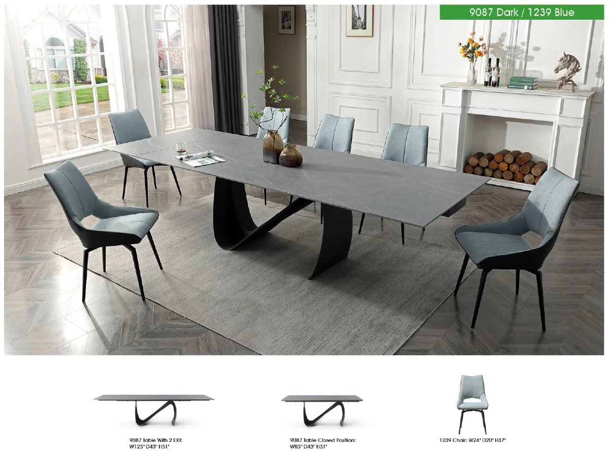 9087 Table Dark grey with 1239 swivel blue chairs