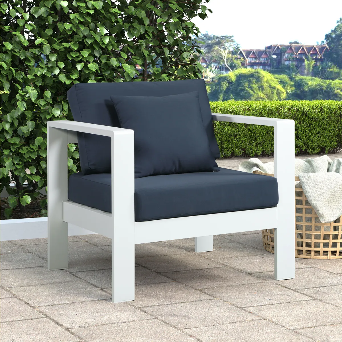 Nizuc - Outdoor Patio Arm Chair With White Frame - Navy - View 2