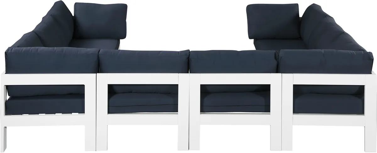 Nizuc - Outdoor Patio 8 Piece Modular U-Shaped Sectional With White Frame - Navy