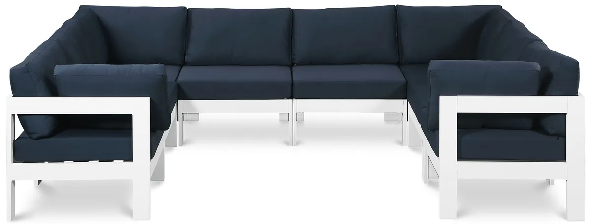 Nizuc - Outdoor Patio 8 Piece Modular U-Shaped Sectional With White Frame - Navy