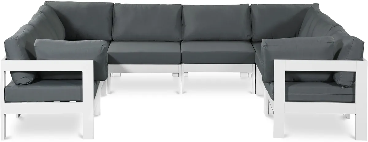 Nizuc - Outdoor Patio 8 Piece Modular U-Shaped Sectional With White Frame - Gray