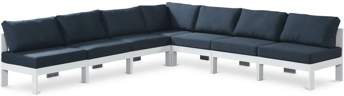 Nizuc - Outdoor Patio 7 Piece Modular Croner Armless Sectional With White Frame - Navy
