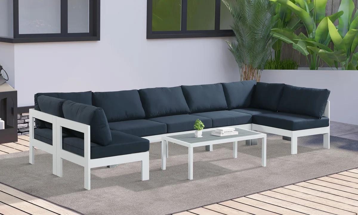 Nizuc - Outdoor Patio 7 Piece Modular Sectional With White Frame - Navy - View 2