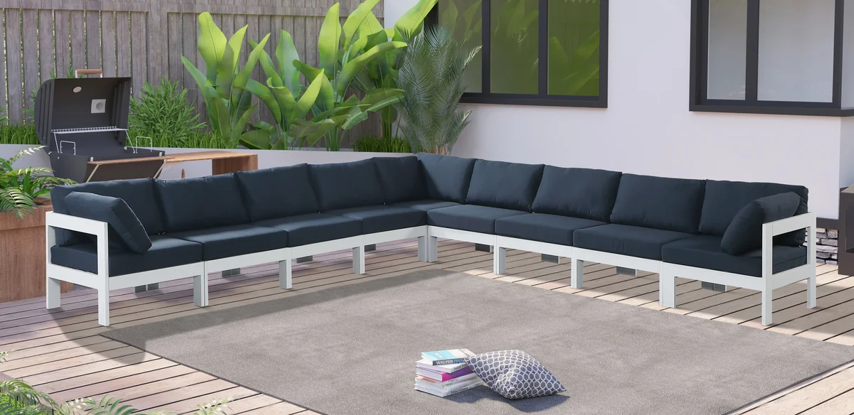 Nizuc - Outdoor Patio 9 Piece Modular Corner Sectional With White Frame - Navy - View 2