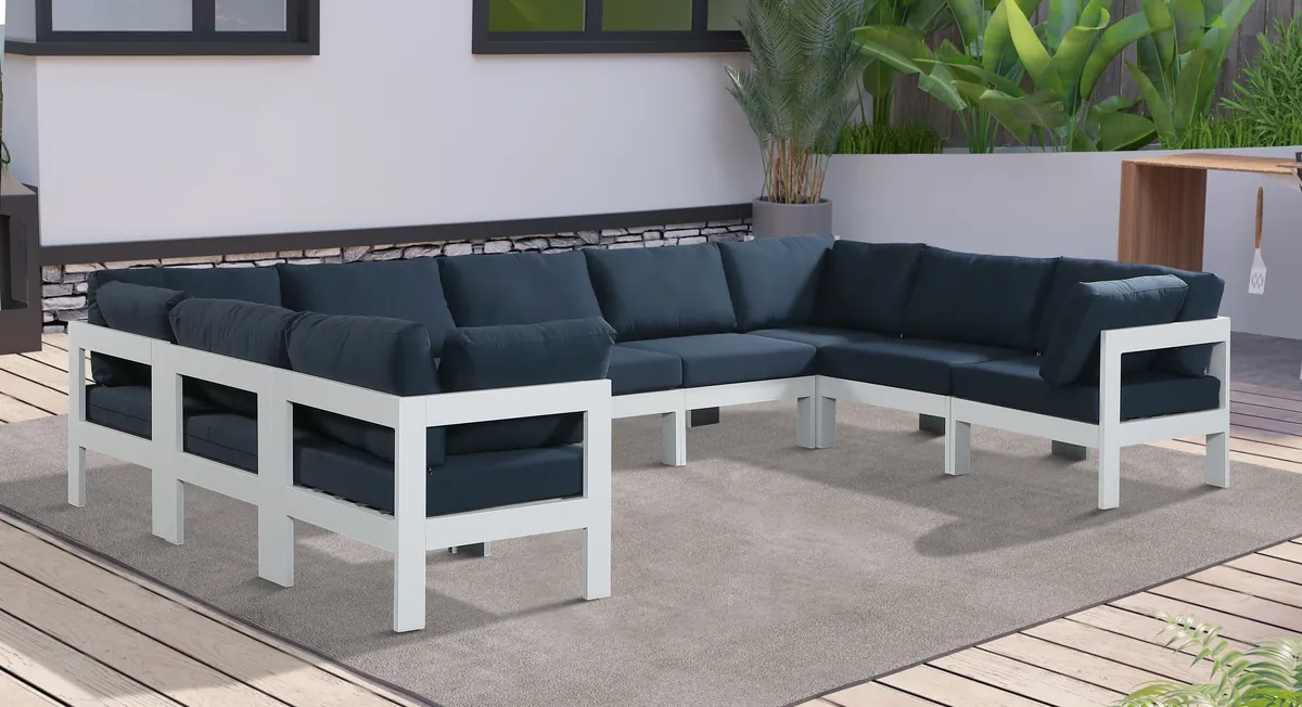 Nizuc - Outdoor Patio 9 Piece Modular Sectional With White Frame - Navy - View 2