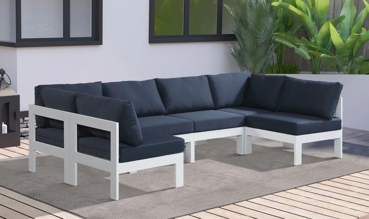 Nizuc - Outdoor Patio 6 Piece Modular U-Shaped Sectional With White Frame - Navy - View 2