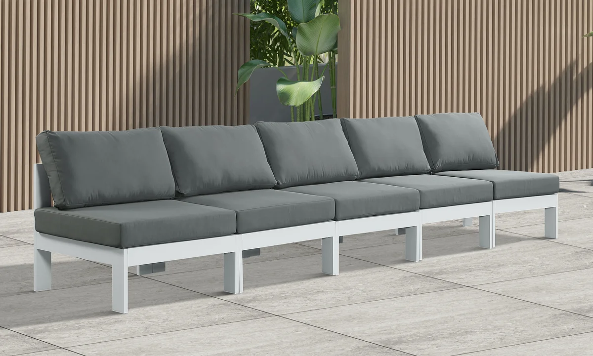 Nizuc - Outdoor Patio 5 Seat Modular Armless Sofa With White Frame - Gray - View 2