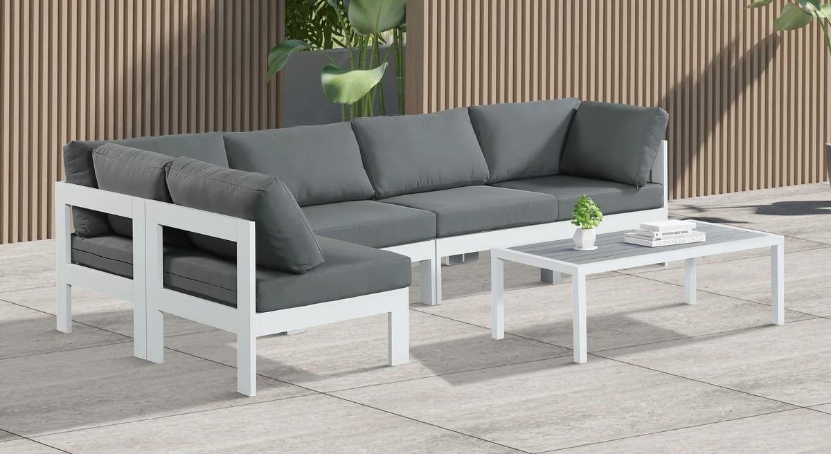Nizuc - Outdoor Patio 5 Piece Modular Sectional With White Frame - Gray