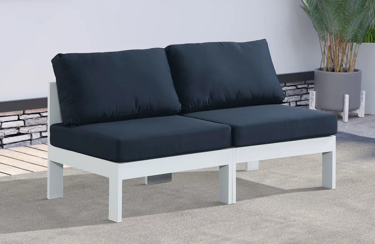 Nizuc - Outdoor Patio 2 Seat Armless Modular Sofa With White Frame - Navy - View 2