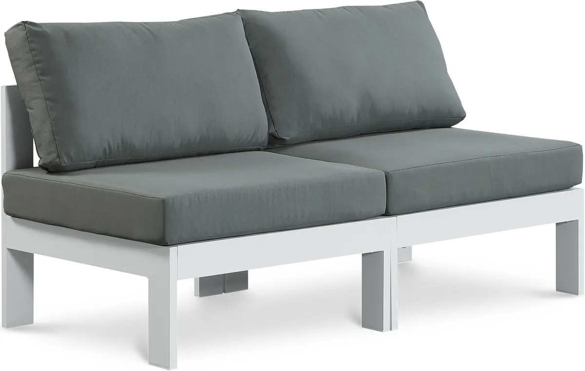 Nizuc - Outdoor Patio 2 Seat Armless Modular Sofa With White Frame - Gray