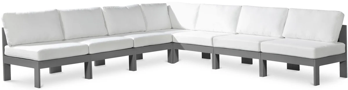 Nizuc - Outdoor Patio 7 Piece Modular Croner Armless Sectional With Gray Frame - White