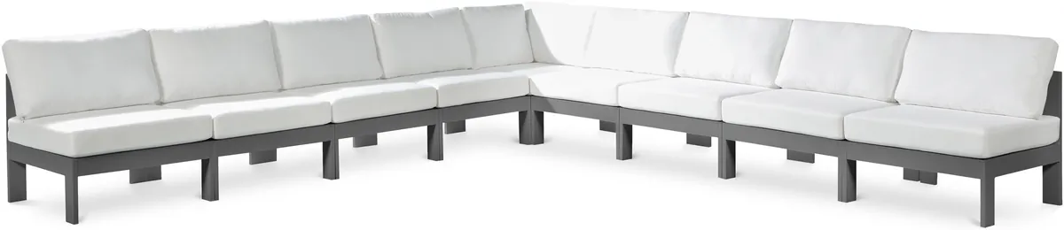 Nizuc - Outdoor Patio 9 Piece Modular Corner Armless Sectional With Gray Frame - White