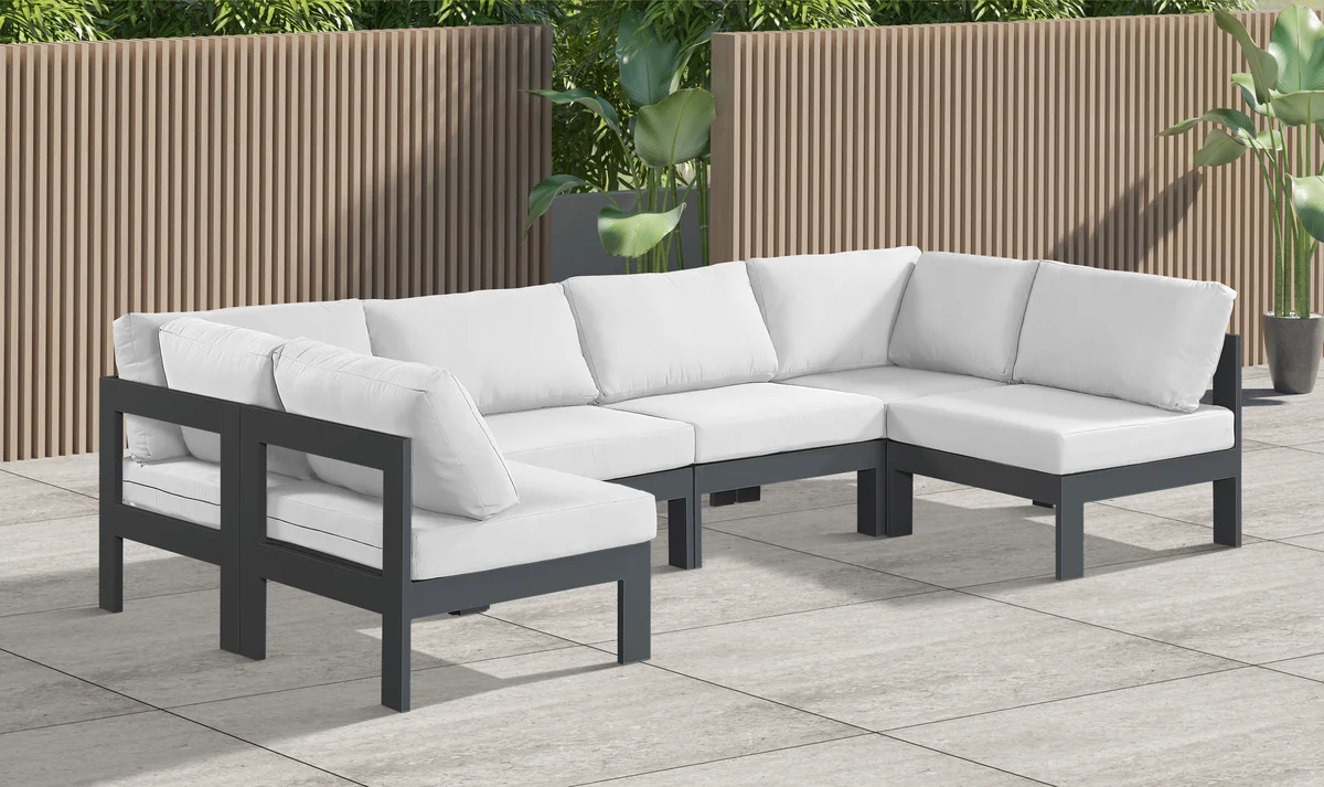 Nizuc - Outdoor Patio 6 Piece Modular U-Shaped Sectional With Gray Frame - White - View 2