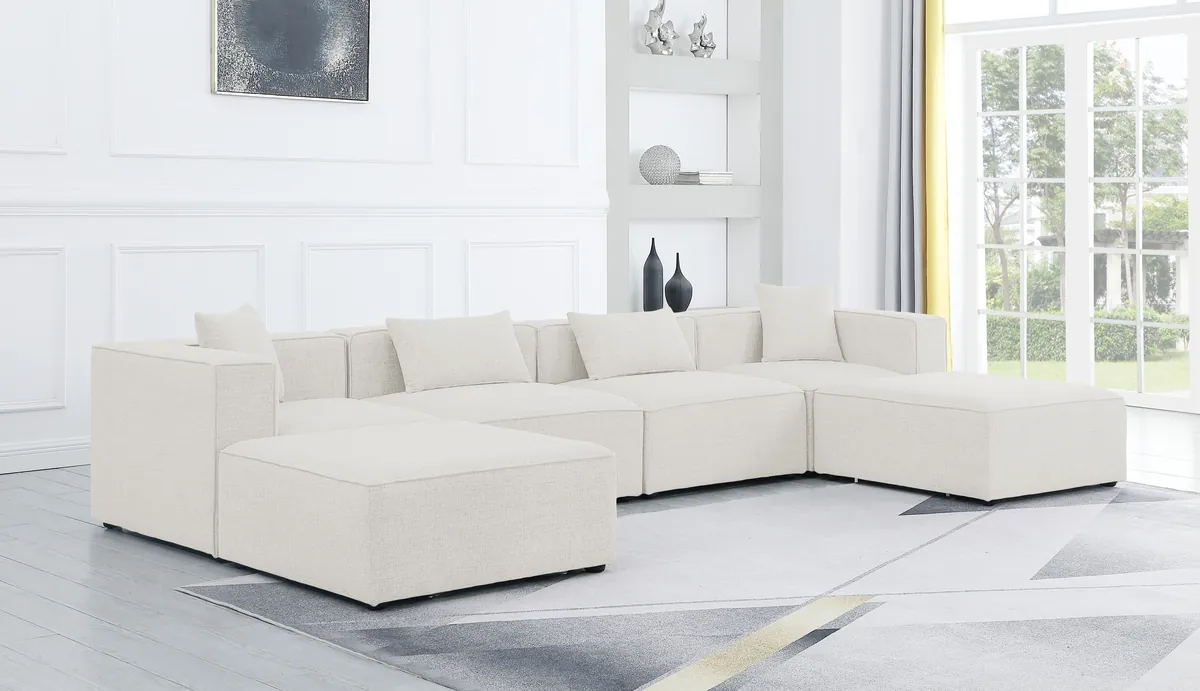 Cube - Linen 6 Piece Modular Double Chaise Sectional - Cream - View 2