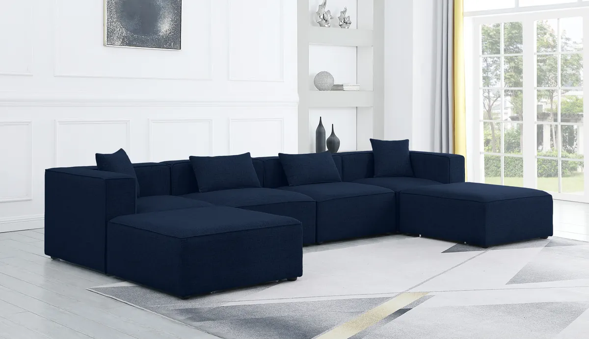 Cube - Linen 6 Piece Modular Double Chaise Sectional - Navy - View 2