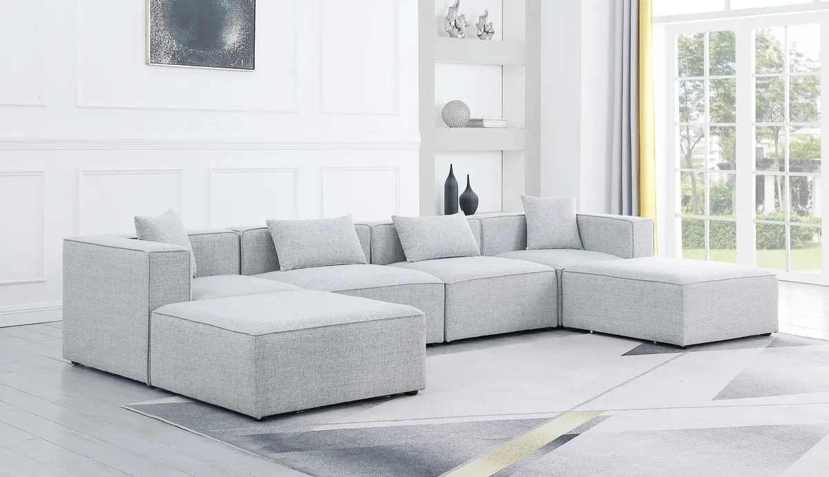 Cube - Linen 6 Piece Modular Double Chaise Sectional - Gray - View 2