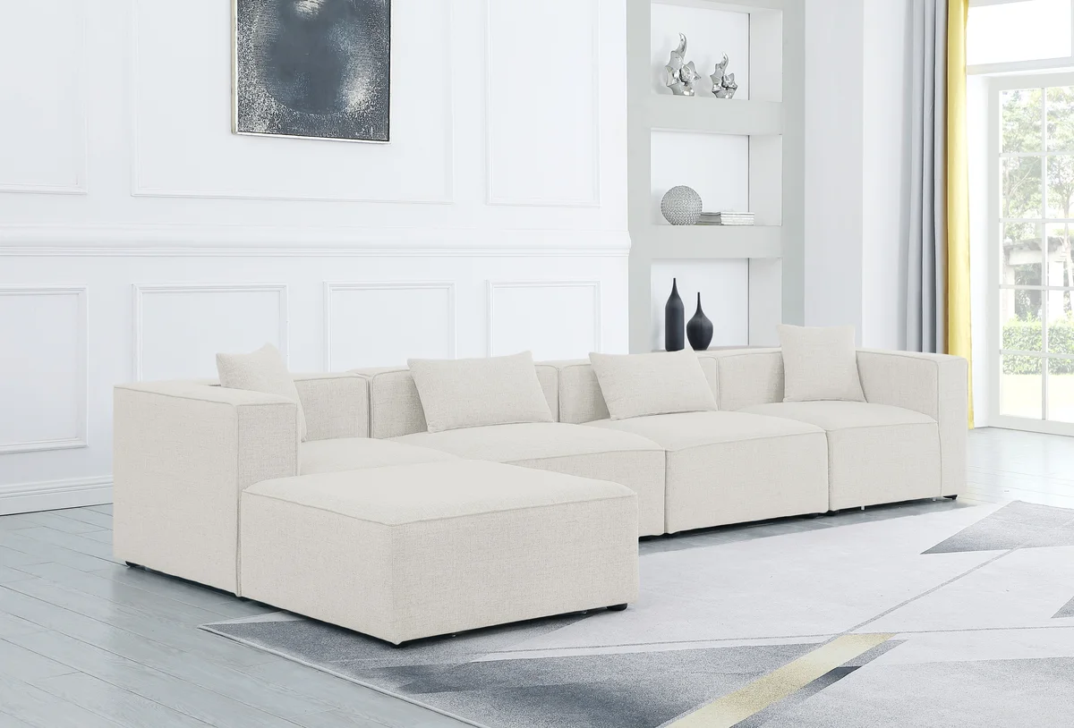 Cube - Linen 5 Piece Modular Sectional With Chaise - Cream