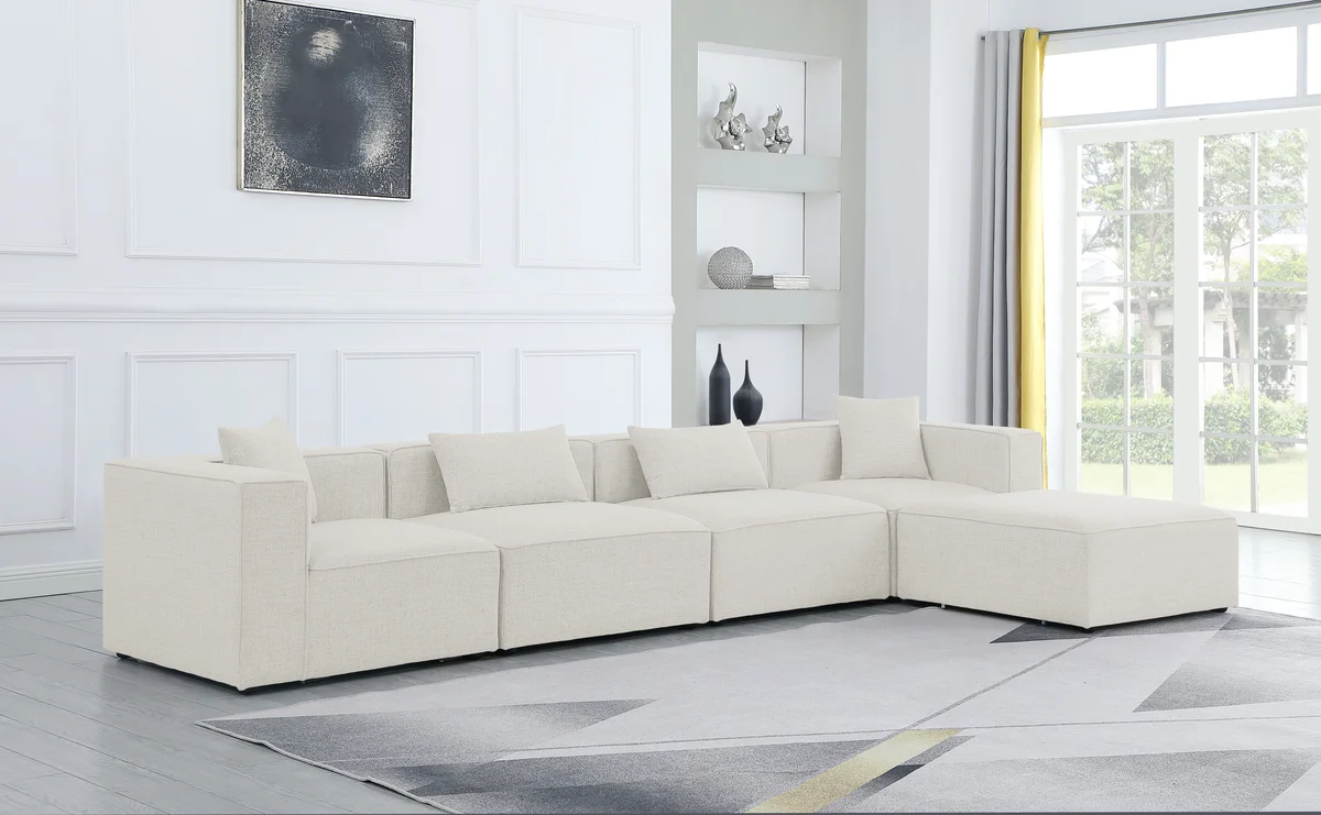 Cube - Linen 5 Piece Modular Sectional With Chaise - Cream