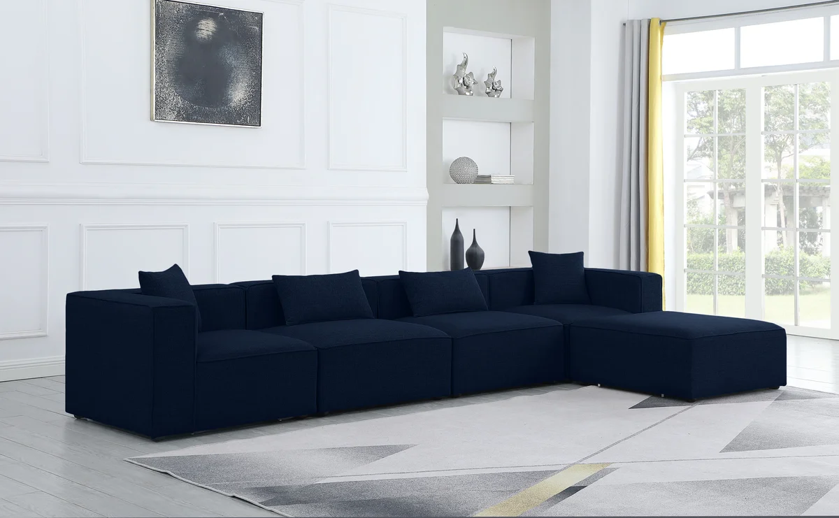 Cube - Linen 5 Piece Modular Sectional With Chaise - Navy