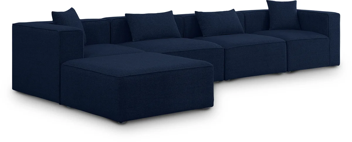 Cube - Linen 5 Piece Modular Sectional With Chaise - Navy