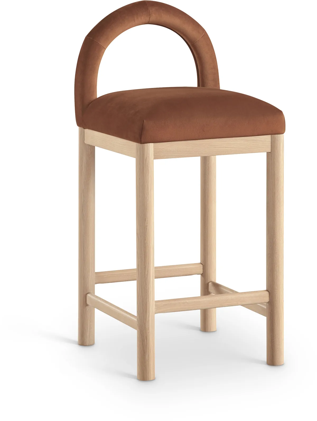 Conrad - Velvet Counter Stool With Natural Legs - Cognac