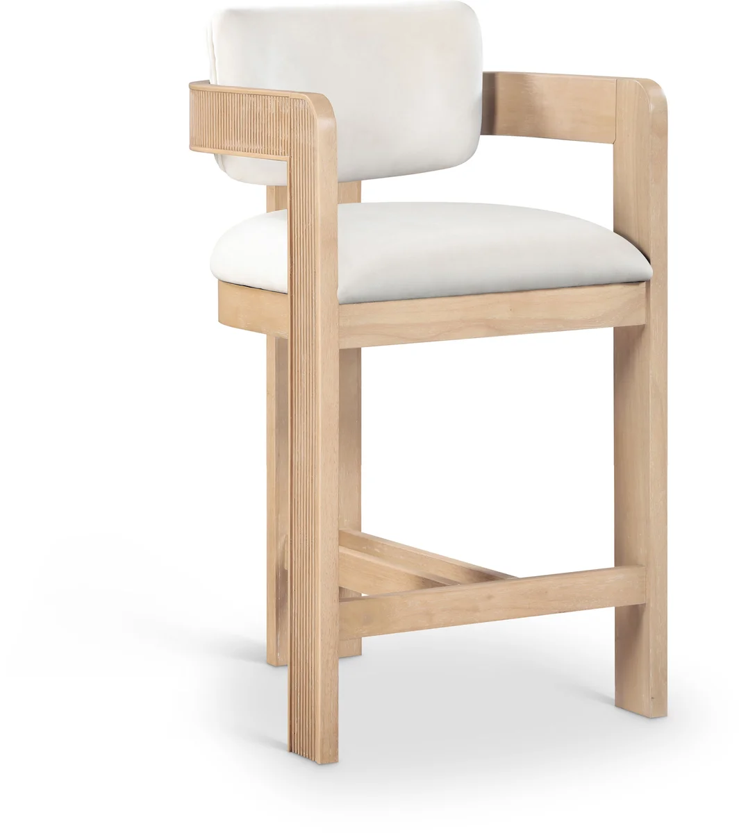Sacha - Velvet Stool With Natural Base - Cream