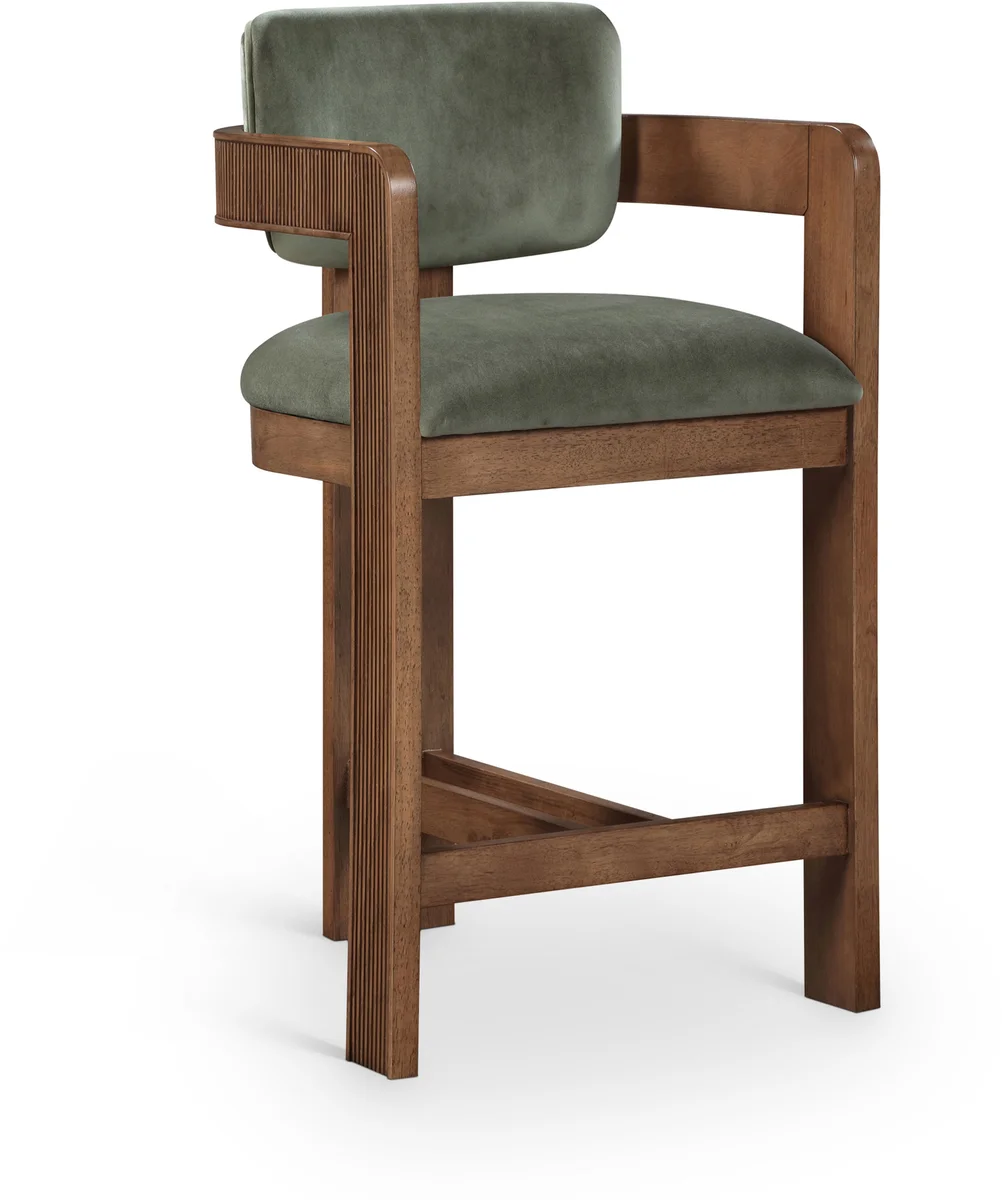 Sacha - Velvet Stool With Brown Base - Green