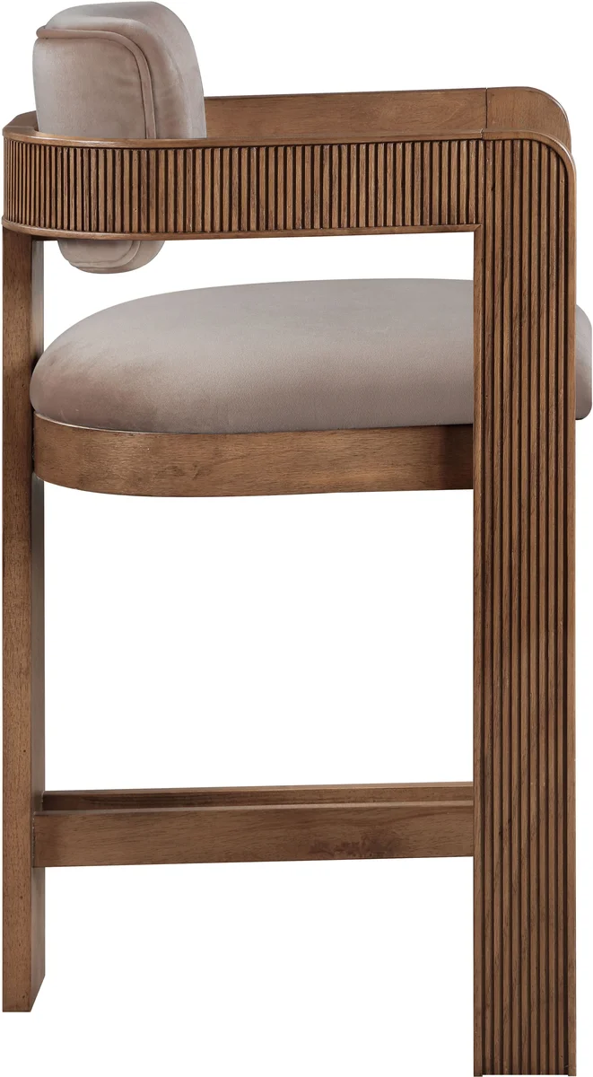 Sacha - Velvet Stool With Brown Base - Taupe - View 2