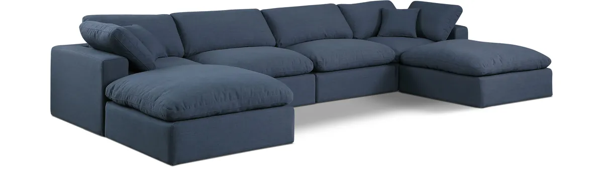 Comfy - 6 Piece Linen Modular Double Chaise Sectional - Blue
