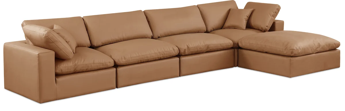 Comfy - 5 Piece Faux Leather Modular Sectional With Chaise - Cognac